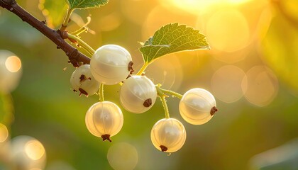 Clusters of small white berries backlit by warm golden hour sunlight with soft focus bokeh background