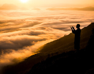 Dramatic silhouette of a man standing in a position of prayer (Dua) on a hillside overlooking a vast expanse of clouds, illuminated by the bright, golden glow of sunrise or sunset.