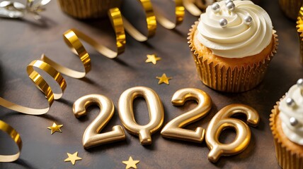 Golden 2026 numbers and festive cupcakes mark a sparkling New Year's celebration