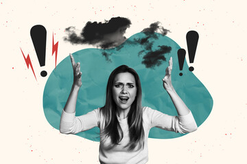 Full 3d image trendy magazine photo collage of shocked worried girl stand bullying exclamation mark...