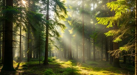 Fototapeta premium Sunlight filtering through the forest canopy.