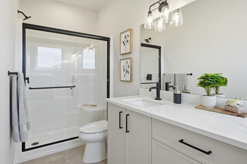 Bathroom with a white sink and toilet, and a mirror above the sink