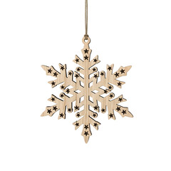Wooden snowflake Christmas ornament with star cutouts hanging by twine.