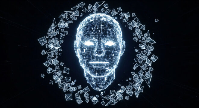 Futuristic digital human face rendered in glowing blue wireframe surrounded by abstract geometric particles, representing AI and technology.