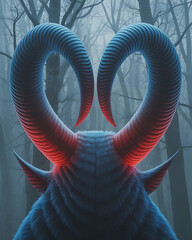 Dark figure with deer arching , like a devils type horns glows red amid foggy leafless forest, terrible, flat graphic style.