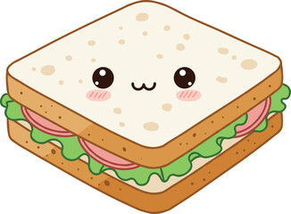 Cute cartoon sandwich, kawaii food illustration, smiling bread character, kids menu design, adorable lunch clipart, happy snack, vector art