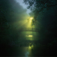 Fototapeta premium Dark, bright light breaks through the misty morning forest cloudscape
