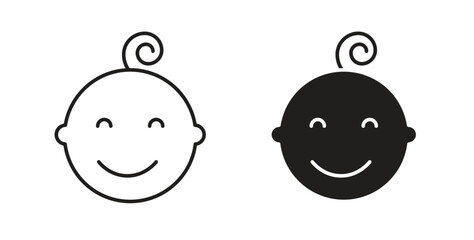 Child face icon in line design and solid black and white colors for designs