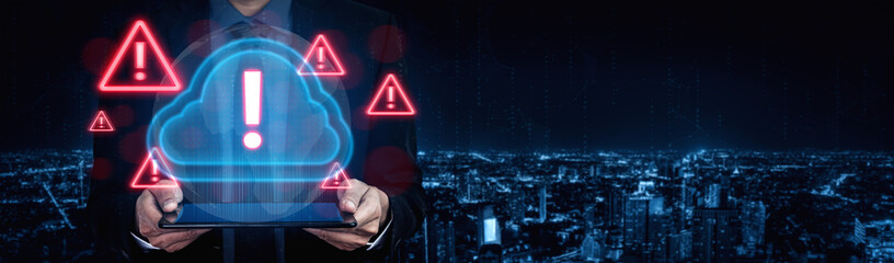 Red alert triangles over a blue cloud icon, symbolizing cloud security threats, system warnings, and data protection risks in digital environments Parse
