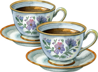 Watercolor illustration of two vintage tea cups with floral pattern, hand-painted porcelain dishes, cozy cottagecore style design isolated on white background