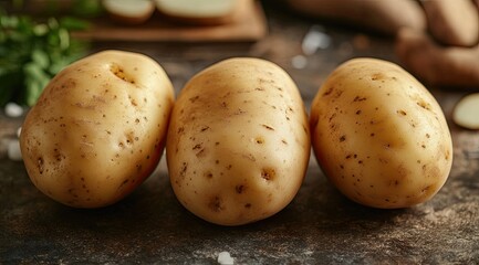 Three potatoes on rustic surface
