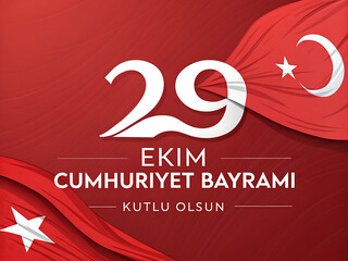 Graphic design for Turkey national day, bold red 29, EKIM, stars, ribbon icon, Turkish flag, on red background.