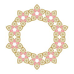 Ornamental floral frame design in gold and red. Vector illustration.