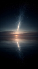 A meteor streaks across the night sky, its silver-to-black trail mirrored perfectly on a calm lake, creating a stunning, hyperrealistic celestial reflection.
