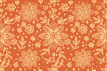 Seamless hand drawn cream colored floral pattern on terracotta orange background. Vintage botanical design. Decorative floral illustration for fabric, textile, wallpaper, gift wrapping paper.