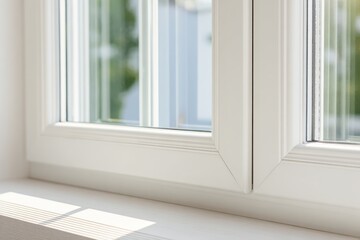 Fototapeta premium New plastic PVC window with white metal frame installed at modern house, city street urban view. Typical installation of insulated glazing windows. uPVC frame high thermal insulation values in room