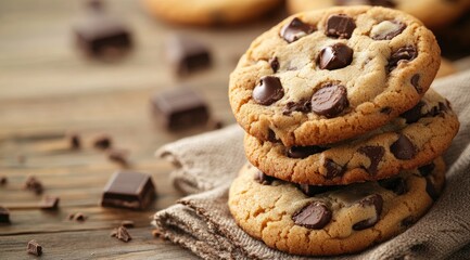 Stacked chocolate chip cookies on a linen napkin