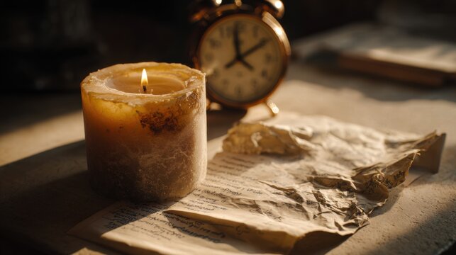 Vintage candle burning beside old papers and clock on wooden desk creating nostalgic atmosphere about time memory and life reflection concept