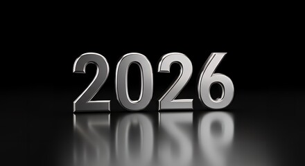 Shiny metallic 2026 numbers on a reflective surface against black backdrop