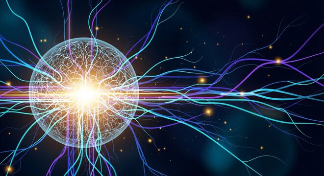 Dynamic neural network glowing with bright energy and abstract light trails symbolizing data transfer and complex connections