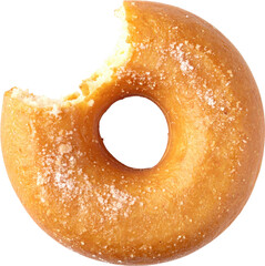 Close up of bitten classic sugar doughnut isolated on white background, golden brown round pastry with sweet coating