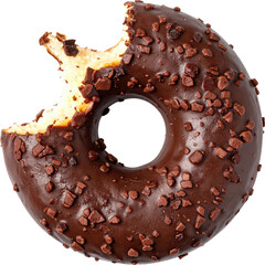 Delicious bitten chocolate glazed donut with crunchy topping isolated on white background, close up