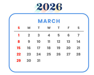 March 2026 Monthly Calendar Template with Modern Blue Border Vector Illustration
