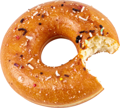 Close up of bitten glazed donut with colorful sprinkles isolated on white background, fresh pastry snack