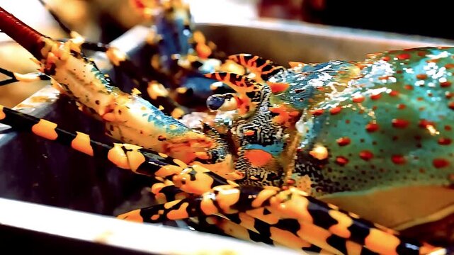 Giant rock lobster - fresh and live in the restaurant kitchen, displayed before cooking. The lobster&rsquo;s vibrant shell and massive claws highlight premium seafood freshness and preparation for gourmet c