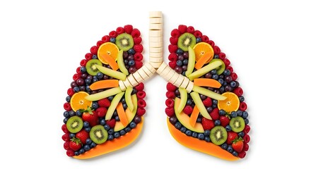 Colorful Fruit Display Shaped Like Human Lungs on White Background