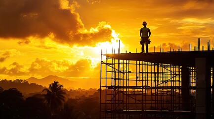 Construction worker silhouette on scaffolding at sunset