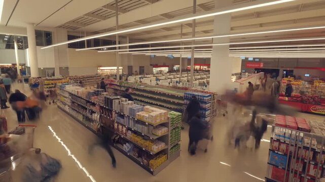 A Busy Supermarket Scene Showcasing Shoppers and Aisles Filled with Products in a Modern Retail Environment.