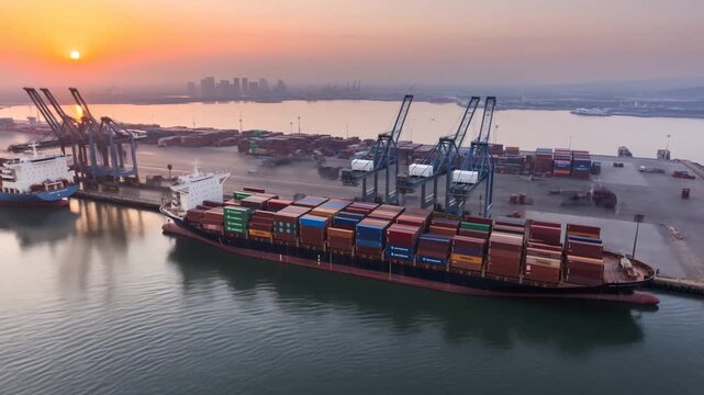 Aerial View of Busy Shipping Port at Dusk and Dawn: Container Ships Docked for Loading and Unloading, Illuminated by Vibrant Night and Morning Lights.