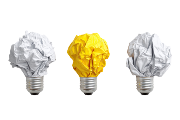 Crumpled paper lightbulbs, one yellow, two white