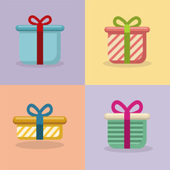 Four colorful gift boxes with ribbons on a pastel background, perfect for celebrations.