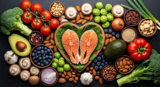 Healthy food composition with salmon vegetables nuts and fruits on a black surface