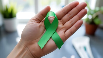Hand holding green awareness ribbon for mental health and other causes