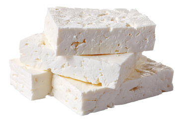 Stacked blocks of white cheese.  Close-up view of rectangular slices of a pale, solid white cheese, stacked in a slightly overlapping arrangement. The cheese appears firm, with a smooth surface