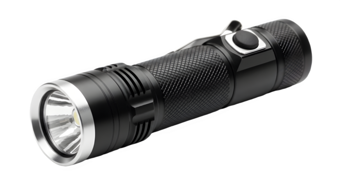 Black tactical flashlight with silver bezel isolated on transparent background