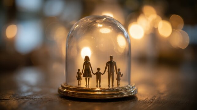 Miniature paper family under glass dome illuminated by warm light symbolizing home safety family insurance protection care and emotional security concept