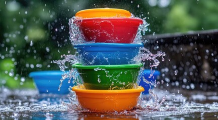 Colorful bowls stacked high, water splashing