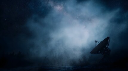 Fototapeta premium A large satellite dish stands in a misty landscape under a starry night sky
