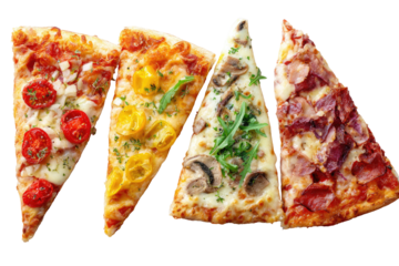 Four pizza slices, various toppings