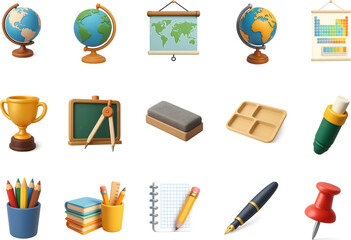 Classroom Supplies and Stationery 3D Icon Set