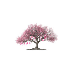 Obraz premium Pink blossom tree decorated with awareness ribbons symbolizing hope support strength and unity in meaningful inspirational illustration isolated on white background 
