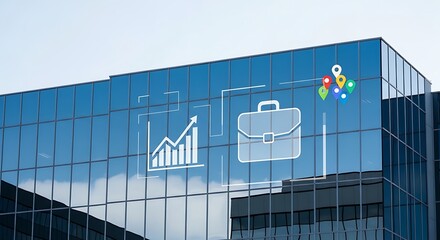 Business concepts represented with icons on a glass building symbolizing growth and location tracking