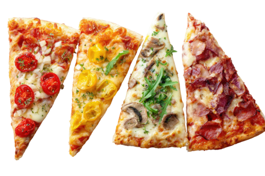 Four pizza slices, various toppings