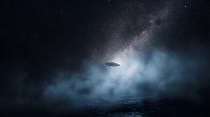 Fototapeta premium Mysterious disc shaped object floats in misty atmosphere under starry sky