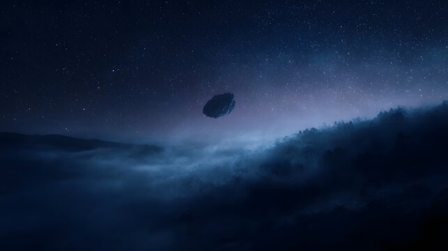A solitary dark object hovers in a vast starry night sky bathed in ethereal atmospheric glow above a misty mysterious landscape
