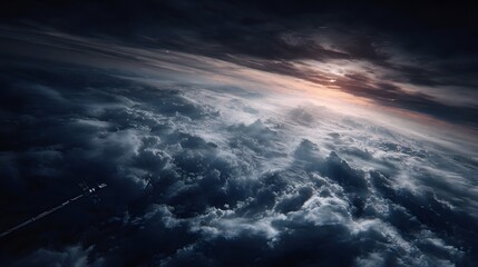 Dramatic orbital view of Earth at dawn with sun breaking through clouds and a distant satellite